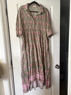 NATURAL LIFE Green Floral Print Midi Dress with Pink Accents